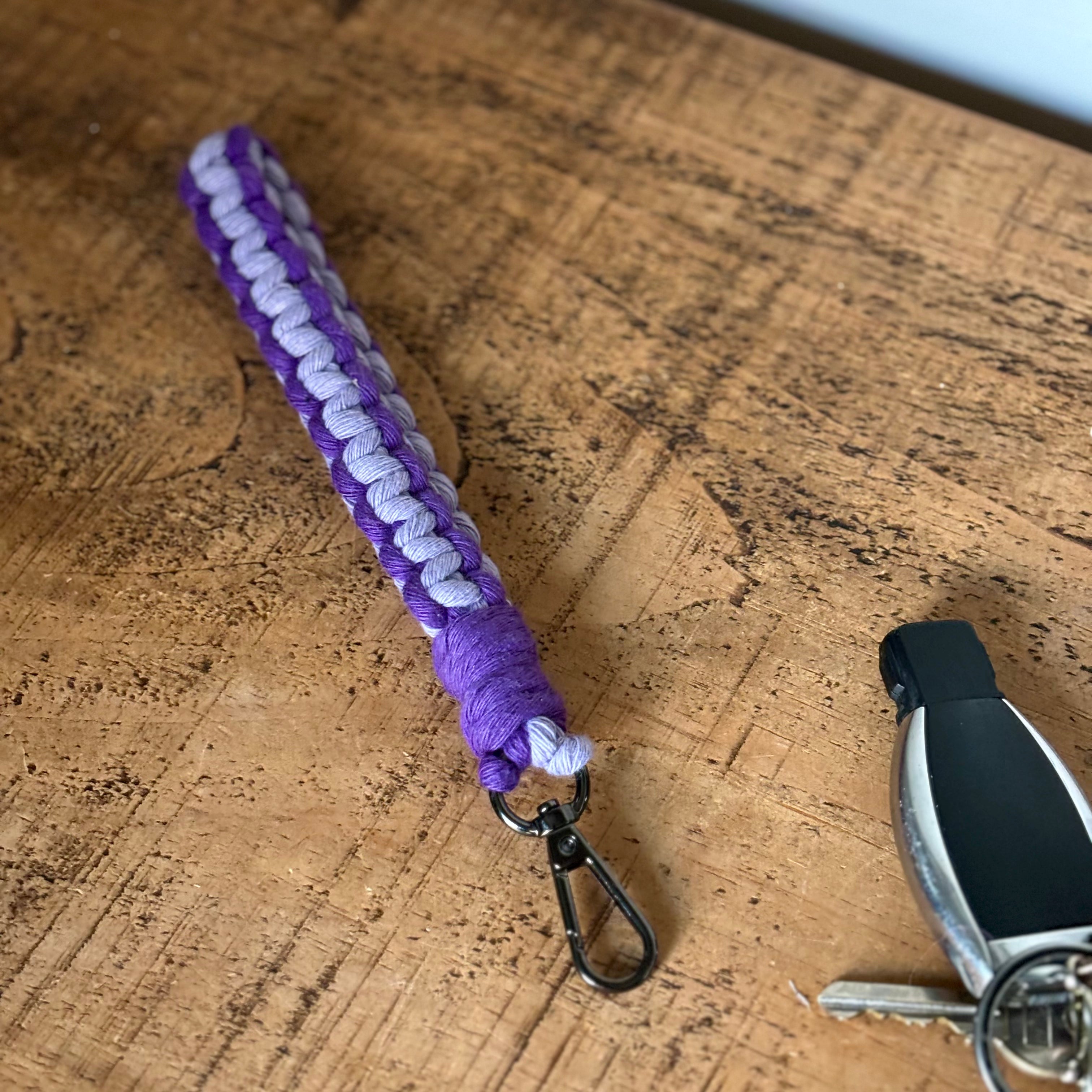 Limited Edition Tranquillity Macramé Key Ring in Sugar Plum Sparkle handmade in a premium soft cotton yarn with gunmetal hardware