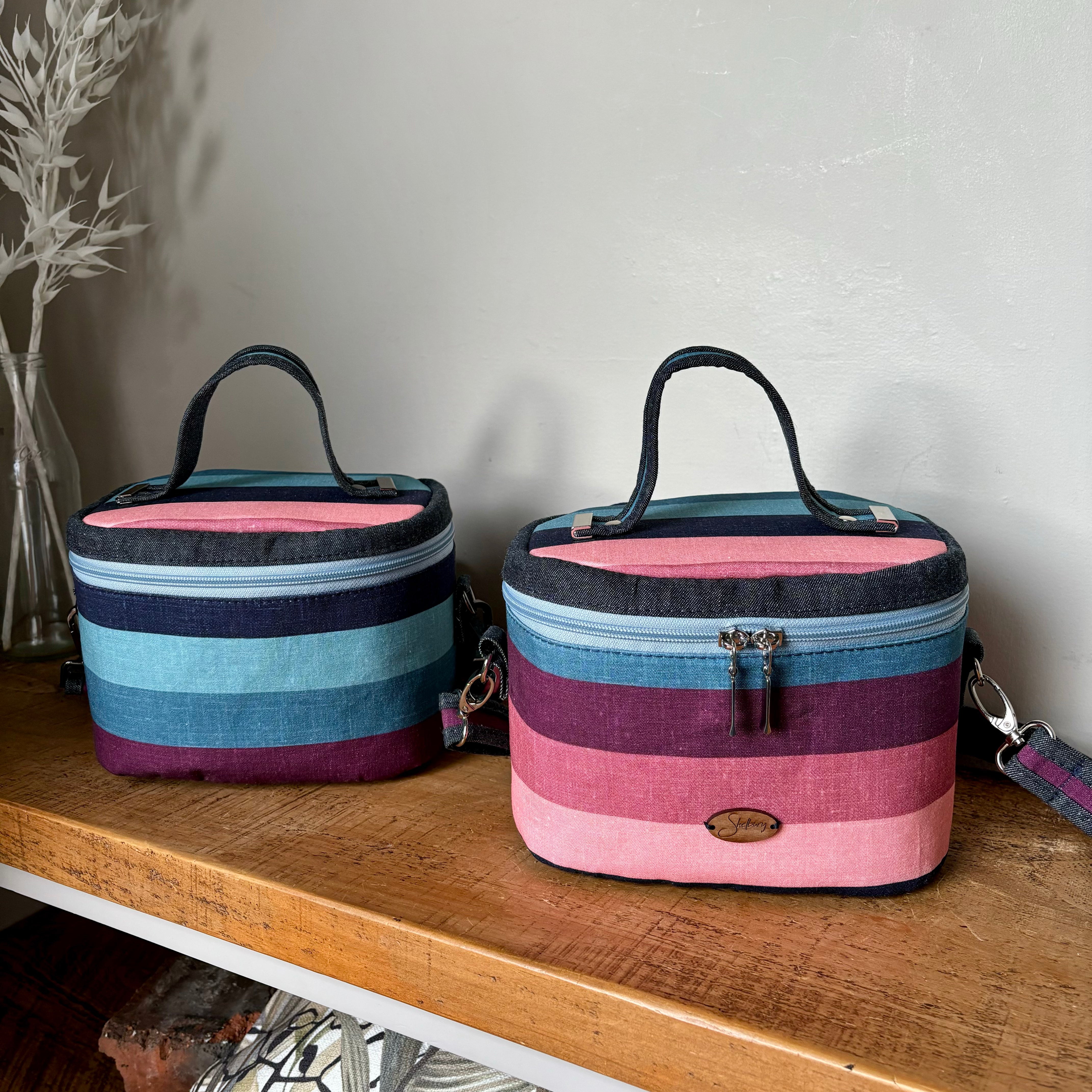 Limited Edition Jewelled Teresita Train Case in Sugar Plum Sparkle, handmade in a jewelled striped design with pink, burgundy and blue hues.