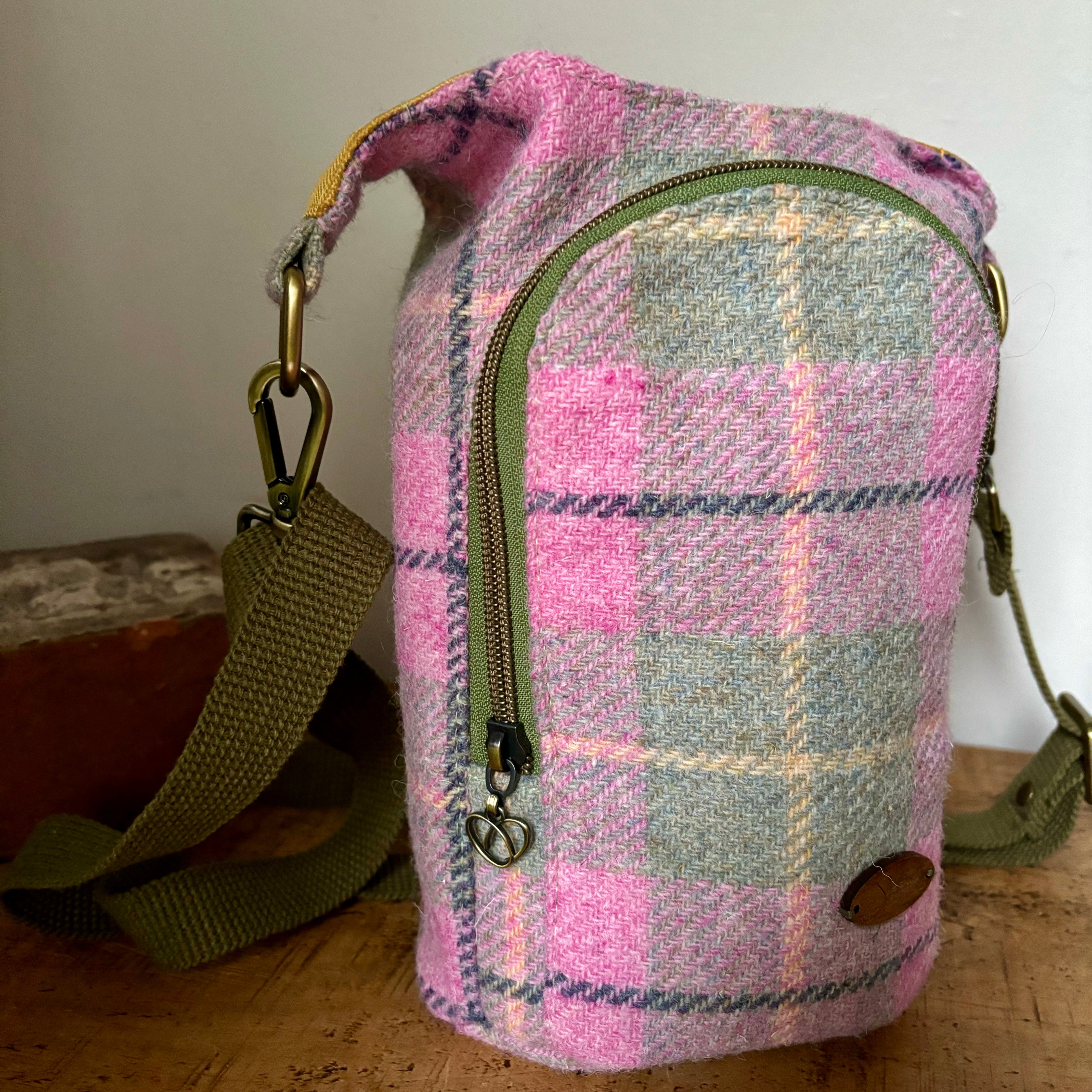 Limited Edition Sparkling Spirit Harris Tweed Bottle Bag in pastel pink, green, yellow with a stripe of blue